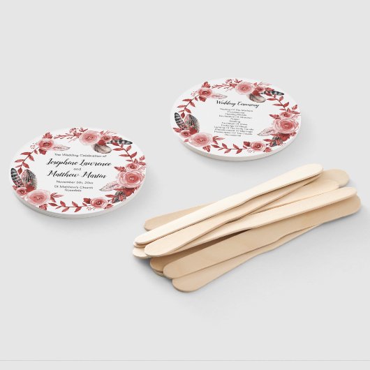 Éventail Boho Feather Bourgogne Rose Wreath Wedding Program (Non-assemblé)