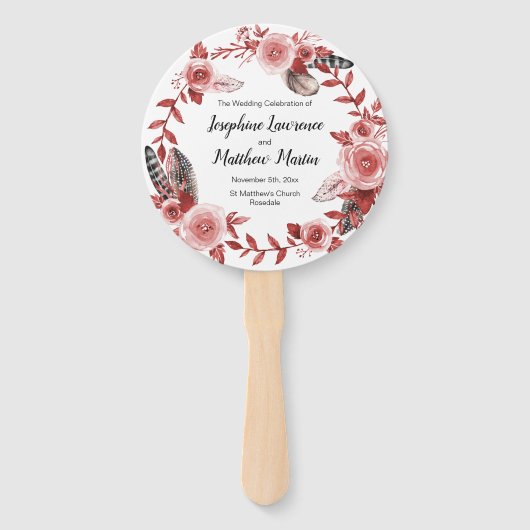 Éventail Boho Feather Bourgogne Rose Wreath Wedding Program (Devant)