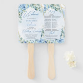 Éventail Boho fleurs bleu clair eucalyptus cadre or (Devant et derrière)