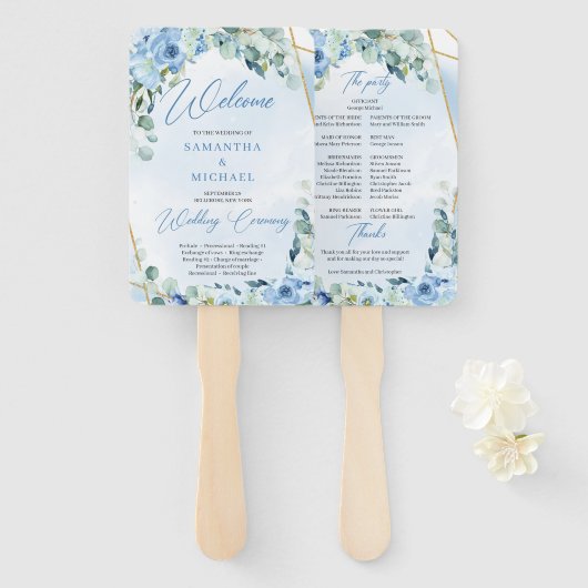 Éventail Boho fleurs bleu clair eucalyptus cadre or (Devant et derrière)