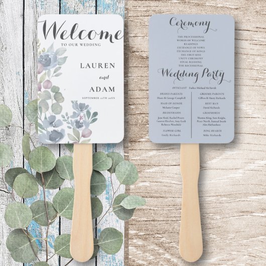 Éventail Boho Floral Eucalyptus Dusty Blue Wedding Programm