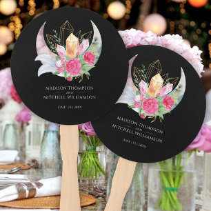 Éventail Boho Moon Crystals Plumes rose Fleurs Mariage