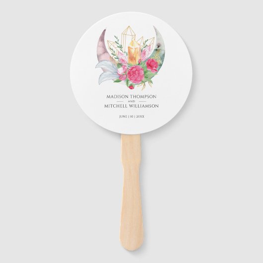Éventail Boho Moon Crystals Plumes rose Fleurs Mariage (Devant)