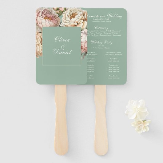Éventail Boho Pastel Sage & Blush Peonies Programme de mari (Devant et derrière)