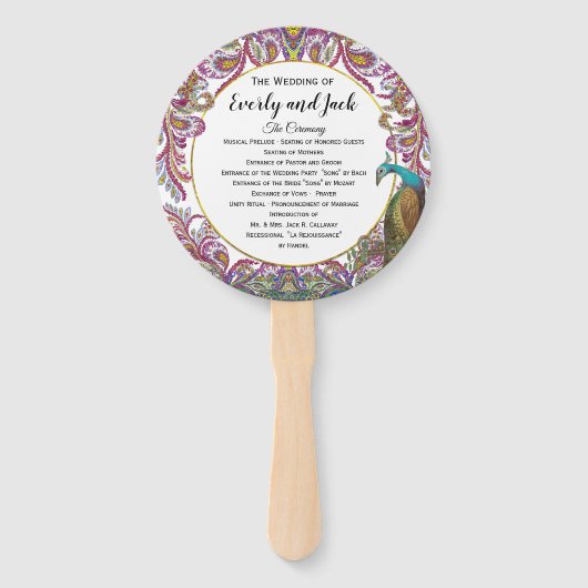 Éventail Boho Peacock Raspberry Turquoise Gold Wedding Prog (Devant)