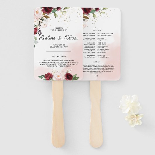 Éventail Boho rose rousse bordeaux floral moderne mariage (Devant et derrière)