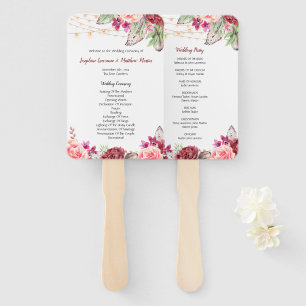 Éventail Boho Roses plumes Lumières Programme de mariage
