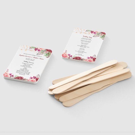 Éventail Boho Roses plumes Lumières Programme de mariage (Non-assemblé)