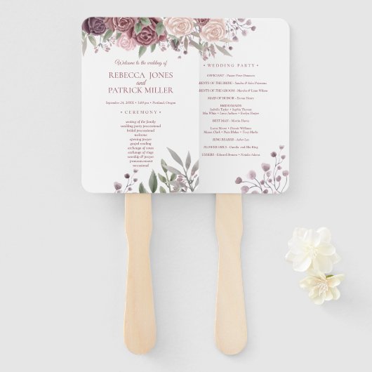 Éventail Boho Rustique Dusty Rose rose Fleurs Mariage main  (Devant et derrière)