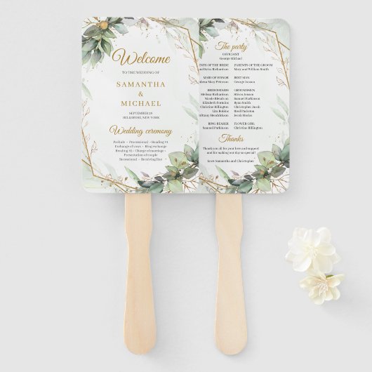 Éventail Boho Simple printemps vert et cadre or mariage (Devant et derrière)