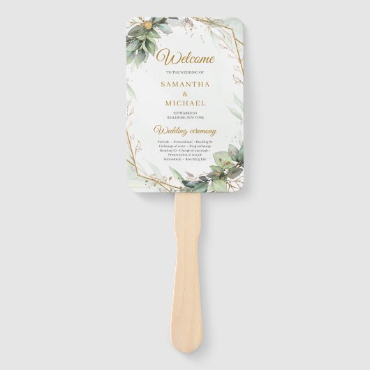 Éventail Boho Simple printemps vert et cadre or mariage (Devant)