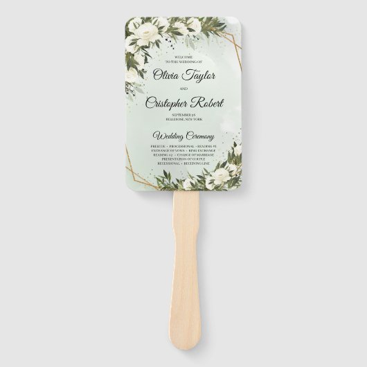 Éventail Boho verdure olivier feuillage or cadre roses blan (Devant)