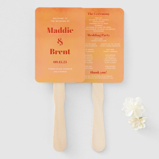 Éventail Bold Chic Orange Watercolor Sunset Wedding Program (Devant et derrière)