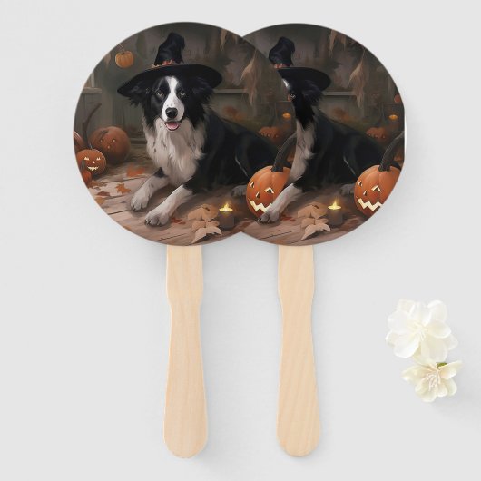 Éventail Border Collie Citrouilles Halloween Épouvantable (Devant et derrière)
