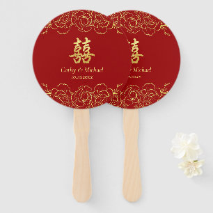 Éventail Bordure fleurie or rouge mariage chinois double xi
