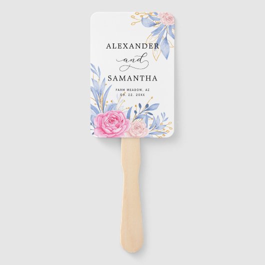 Éventail Botanique dorée verdure rose rose Mariage (Dos)