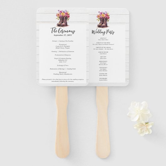 Éventail Bottes Florales Rustiques et Programme de Mariage  (Devant et derrière)