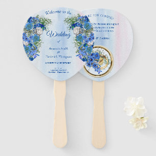 Éventail Bouquets de fleurs de maïs bleu et de roses blanch