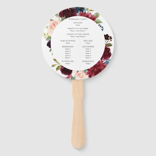 Éventail Bourgogne Et Marine Blue Floral Wedding Programme (Dos)