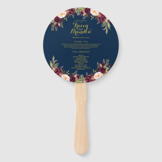 Éventail Bourgogne Floral Navy Blue Gold Wedding Programme (Devant)