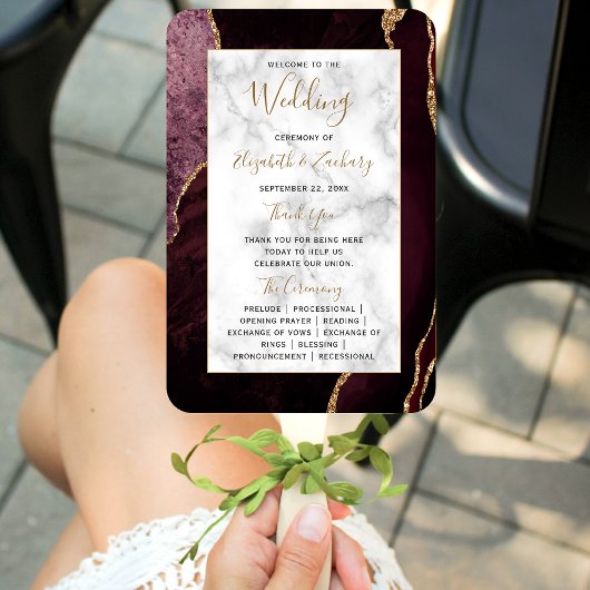 Éventail Bourgogne Gold Agate Marble Wedding Programme