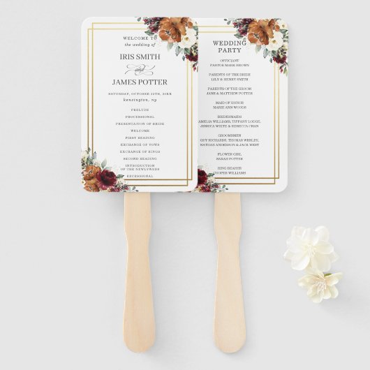 Éventail Bourgogne Ivory Burnt Orange Floral Wedding Progra (Devant et derrière)