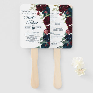 Éventail Bourgogne & Marine Blue Flowers Mariage Ensemble d