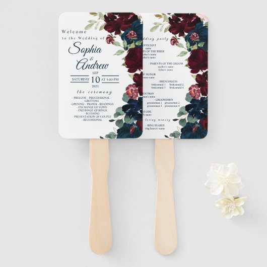 Éventail Bourgogne & Marine Blue Flowers Mariage Ensemble d (Devant et derrière)