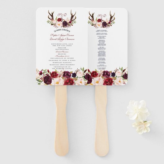 Éventail Bourgogne Marsala Floral Antlers Programme Monogra (Devant et derrière)