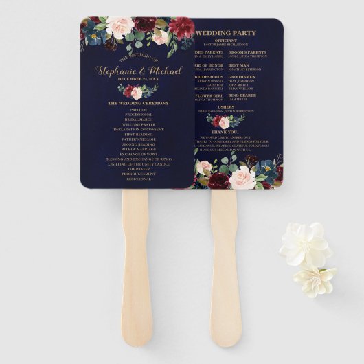 Éventail Bourgogne Red Navy Floral Rustic Wedding programme (Devant et derrière)