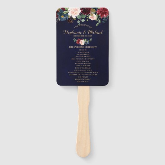 Éventail Bourgogne Red Navy Floral Rustic Wedding programme (Devant)