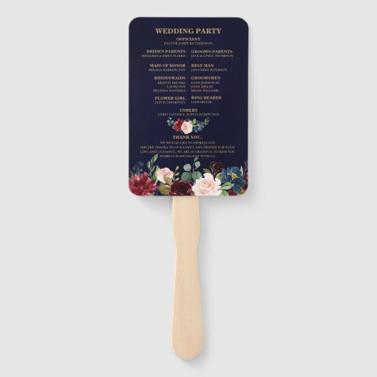 Éventail Bourgogne Red Navy Floral Rustic Wedding programme (Dos)