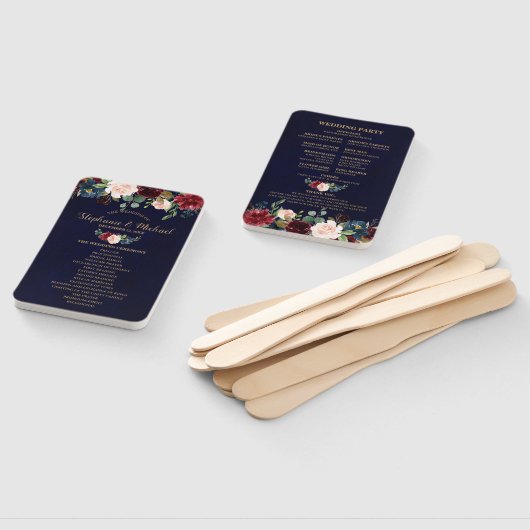 Éventail Bourgogne Red Navy Floral Rustic Wedding programme (Non-assemblé)