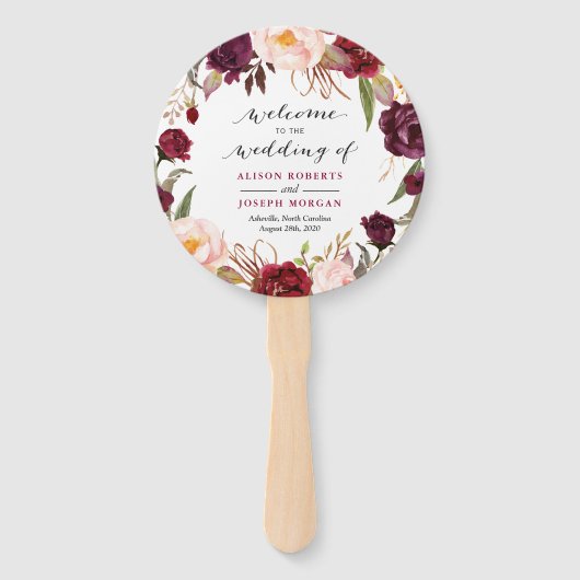 Éventail Bourgogne Rouge Floral Programme de mariage contem (Devant)