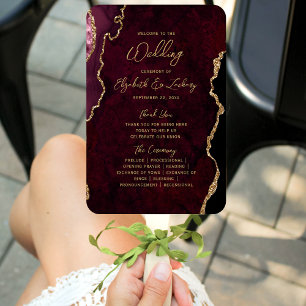 Éventail Bourgogne Rouge Or Agate Script Wedding Programme