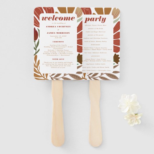 Éventail Bright Bold Boho Terracotta Floral Mariage (Devant et derrière)