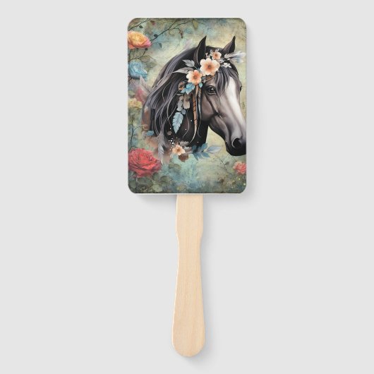 Éventail  Brown horse in flowers. (Devant)