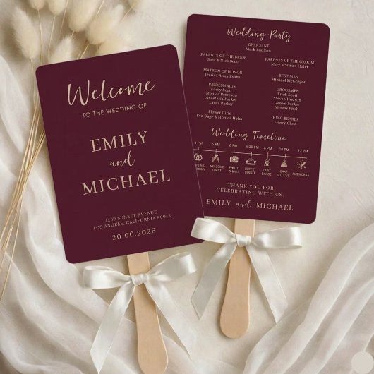 Éventail Burgundy Wedding Program Timeline Elegant Modern