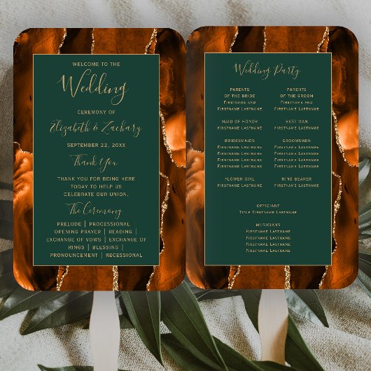 Éventail Burnt Orange Gold Agate Dark Green Wedding Program