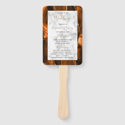 Éventail Burnt Orange Gold Agate Marble Wedding Program (Devant)