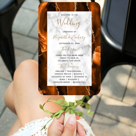 Éventail Burnt Orange Gold Agate Marble Wedding Program