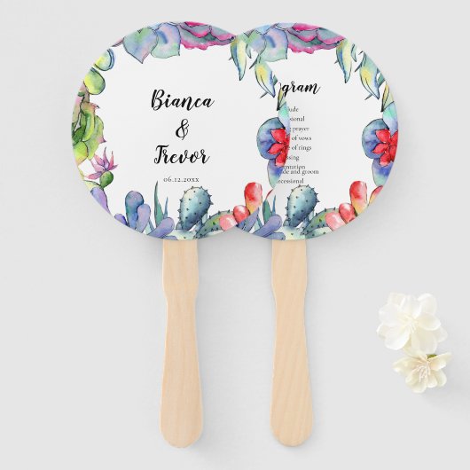 Éventail Cactus et succulents programme de mariage aquarell (Devant et derrière)