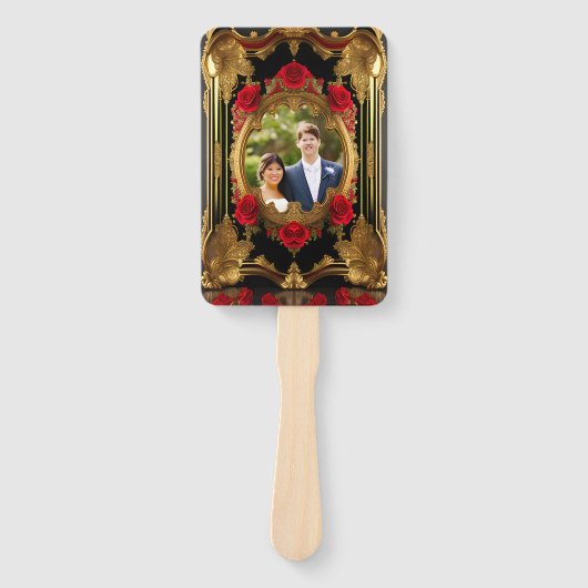 Éventail Cadre doré aux roses rouges, programme de mariage (Devant)