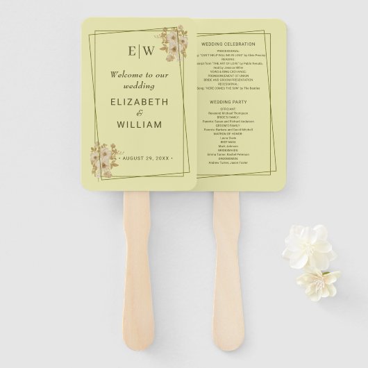 Éventail Cadre rose - Mariage jaune céleste Monogramme (Devant et derrière)