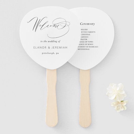 Éventail Calligraphie élégante Mariage noir blanc (Devant et derrière)
