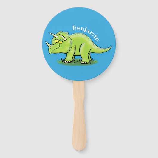Éventail Caricature de dinosaure de triceratops vert mignon (Devant)