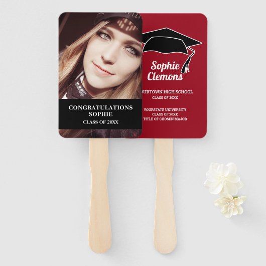 Éventail Casquette de graduation moderne rouge noir Classe  (Devant et derrière)