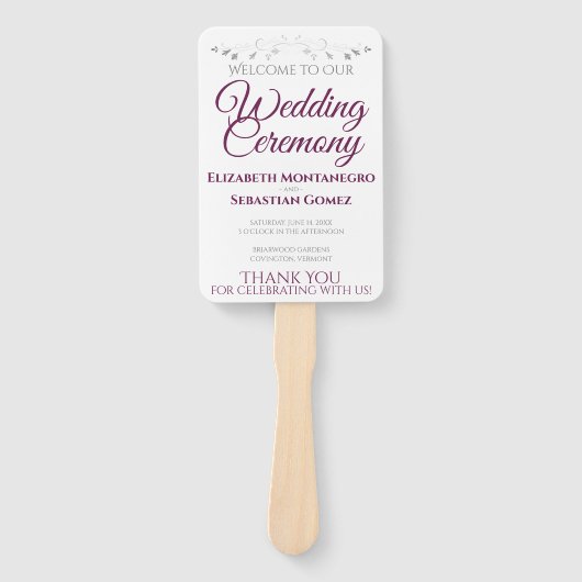 Éventail Cassis & Grey Élégants fans de mariage avec progra (Devant)