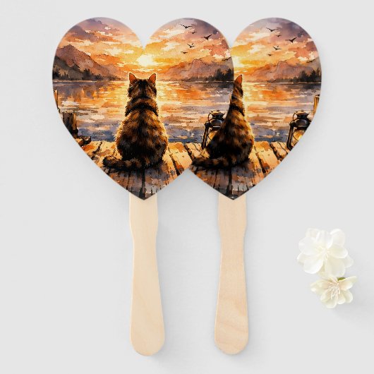 Éventail Cat on Dock at Sunset (Devant et derrière)