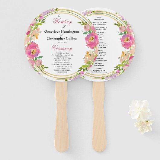 Éventail Cérémonie de mariage bohème florale dorée élégante (Devant et derrière)